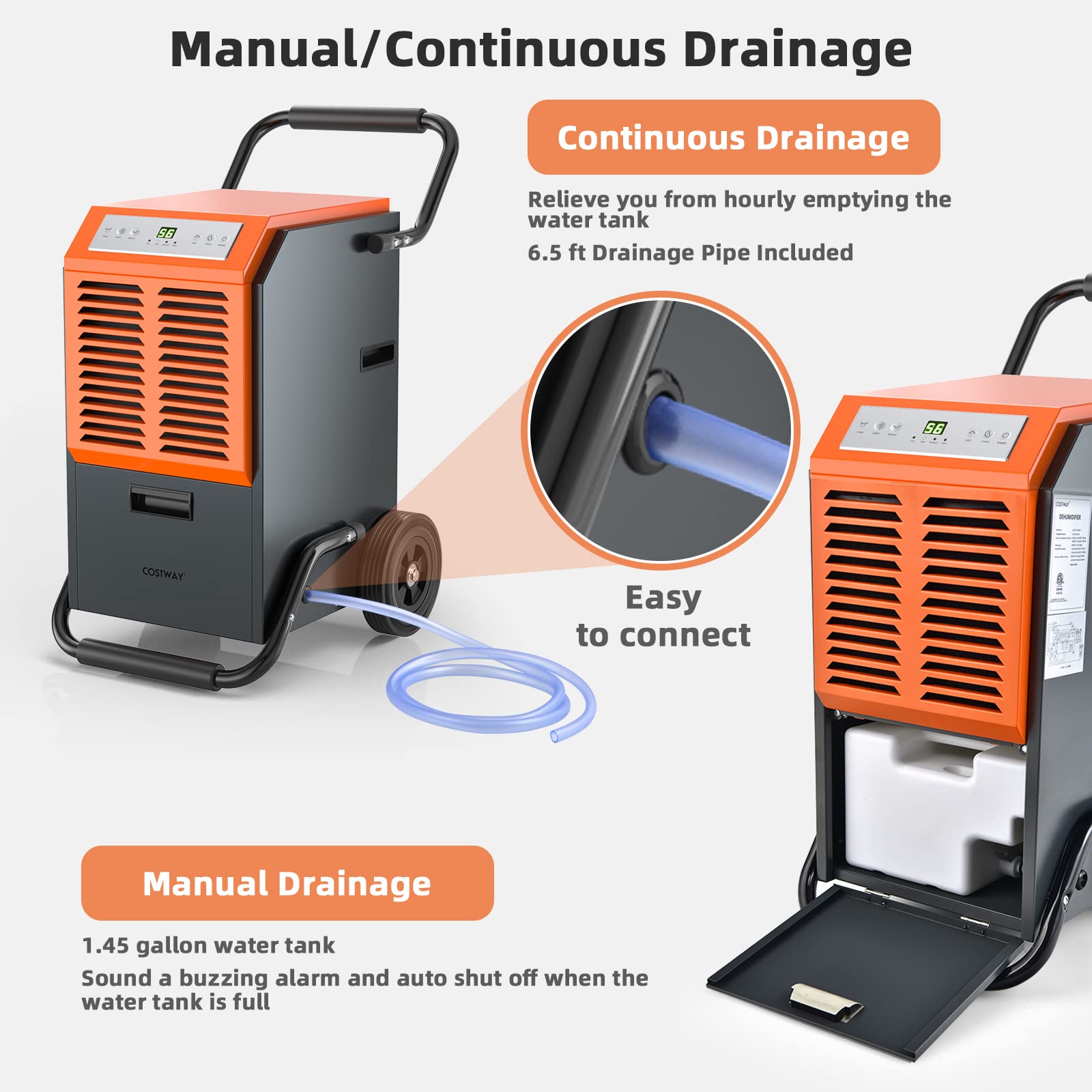 Costway 163 Pints Commercial Dehumidifier, 4500 Sq.Ft Crawl Space Dehumidifier With Drain Hose, 24H Timer, Industrial Dehumidifier For Basement, Warehouse, Job Site (Orange)